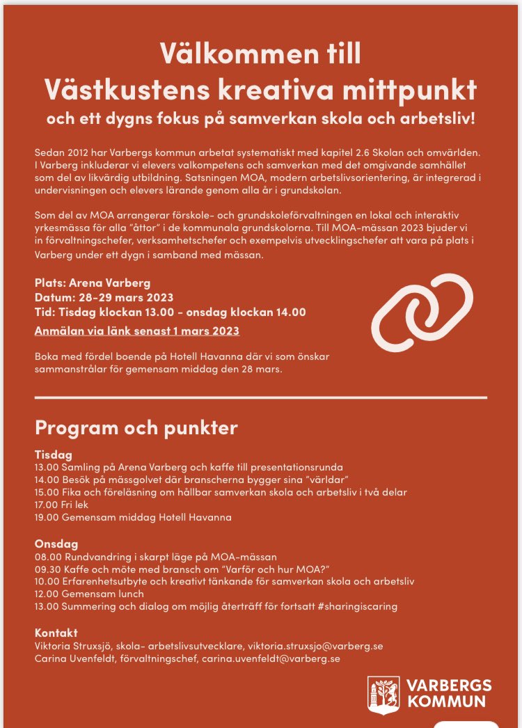 Förvaltningschef <a href="/CUvenfeldt/">Carina Uvenfeldt</a> hälsar ledningsgrupper, rektorer och näringslivsrepresentanter välkomna till #Varberg och ett ”chefspår” i samband med #moamässan2023. Anmälan görs senast 1 mars. Vi ses! #skolaarbetsliv #modernarbetslivsorientering #karriärlärande #samverkan