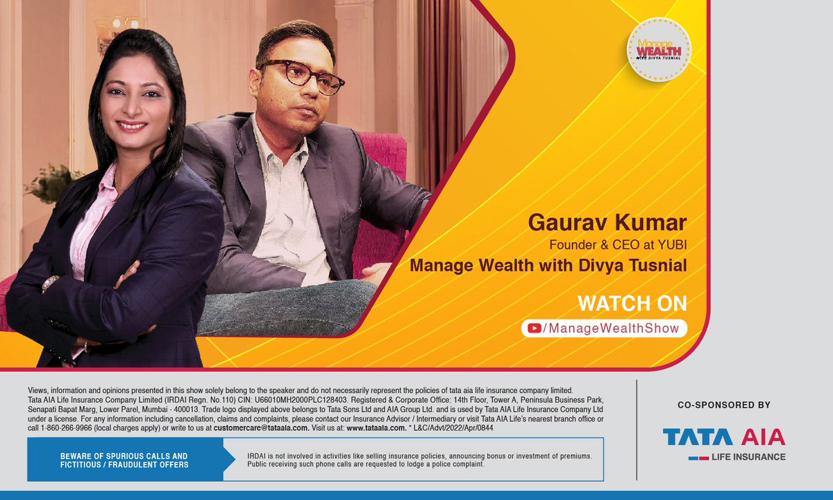 DivyaTusnial's tweet photo. Watch it Anytime, Anywhere! 
"Manage Wealth with Divya Tusnial" is live on youtube ( https://t.co/1LltV4yq13 ). The eleventh episode is with guest Gaurav Kumar, CEO &amp; founder at Yubi.
Radio Partner: @FeverFMOfficial 
.
#finance #business #money #investing #financialfreedom https://t.co/2xN4WAzx0s