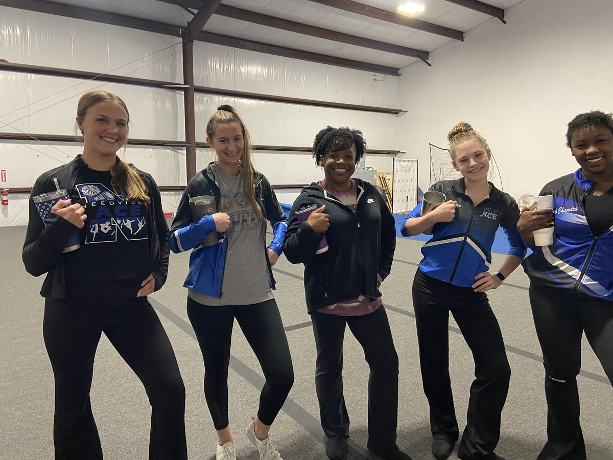 Needvilleace's tweet photo. It’s day 2 NCA week of Mystique, and today was dress like like your coach day! The girls are rocking practice while having fun🤍💙 #needvilleace #cheer #dresslikeyourcoach https://t.co/WHnKzIjHUt