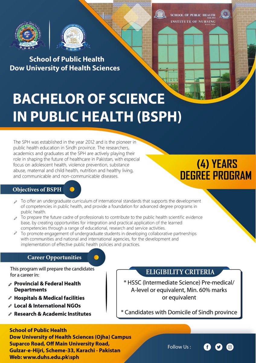 Dow_Uni's tweet photo. Dow University of Health Sciences, the School of Public Health (DUHS) has recently launched a Bachelor of Science in Public Health (BSPH). Its a 4 years degree program that offers an undergraduate curriculum of international standards.
#DUHS #BSPH #bachelor #academics https://t.co/onT7s6pARf