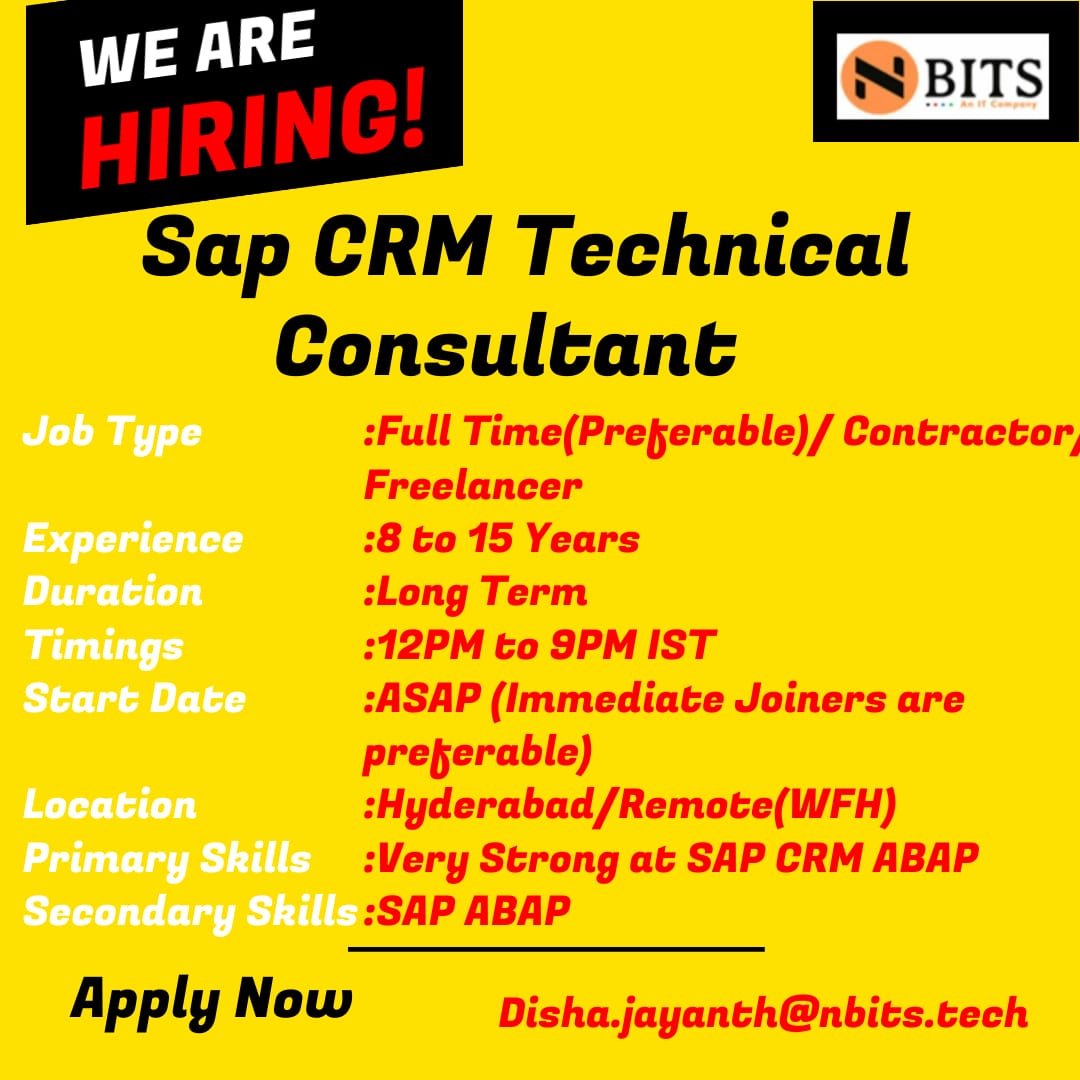Hiring 'SAP CRM-TECHNICAL Consultant'

Job Type: Full Time(Preferable)/ Contractor/ Freelancer
Experience: 8 to 15 Years
Duration : Long Term
Location: Hyderabad/Remote(WFH)
#hyderabadjobs 
#sap #saptechnical #sapcrm #sapcrmtechnical #sapcrmabap #sapabap #sapams #sapeccams