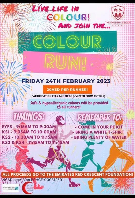 InfoECDubai's tweet photo. Join our EC community Color Run on Friday, organised by ECPC.
All proceeds will go to charity.

EYFS = FS1 and FS2 > 9.15am - 9.30am
KS1 = Y1 and Y2  > 9.35am - 10.00am
KS2 = Y3 to Y6  > 10.30am - 11.15am
KS3 = Y7 to Y9  > 11.15am - 11.45am
KS4 = Y10 onwards  > 11.15am - 11.45am https://t.co/sgJgMSn2BI