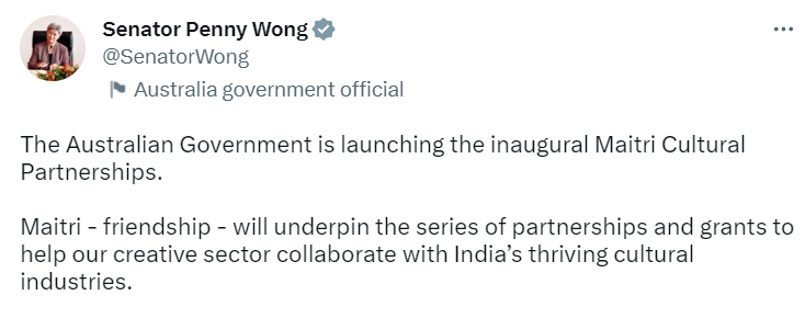 “Australian Govt is launching inaugural Maitri Cultural Partnerships. Maitri – f… “Australian Govt is launching inaugural Maitri Cultural Partnerships. Maitri – f…