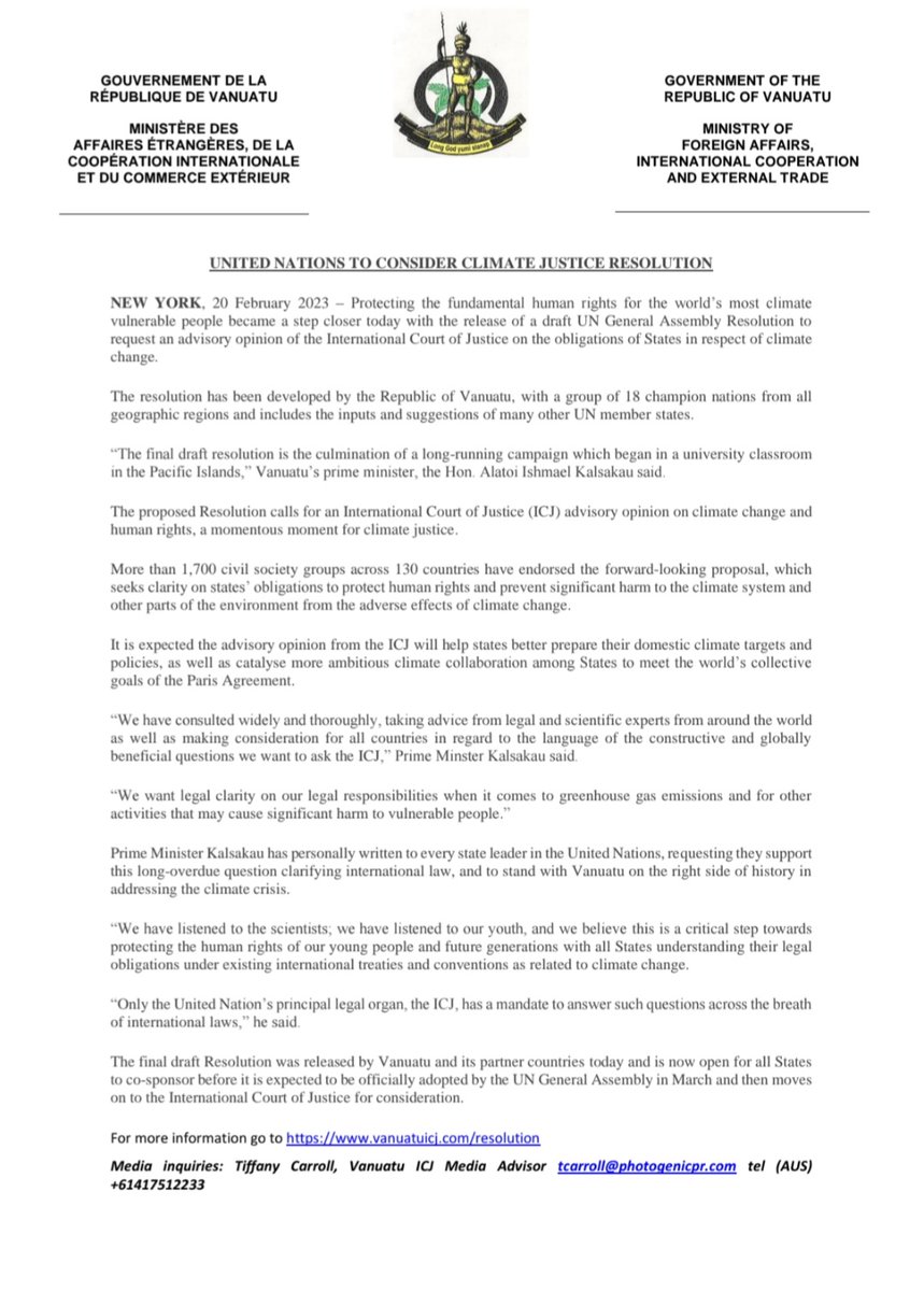 VanuatuIcj's tweet photo. Press release on United Nations Climate Justice Resolution. 
#Voteyes4climatejustice
#Vanuatuicj https://t.co/WDJGtkbkSh