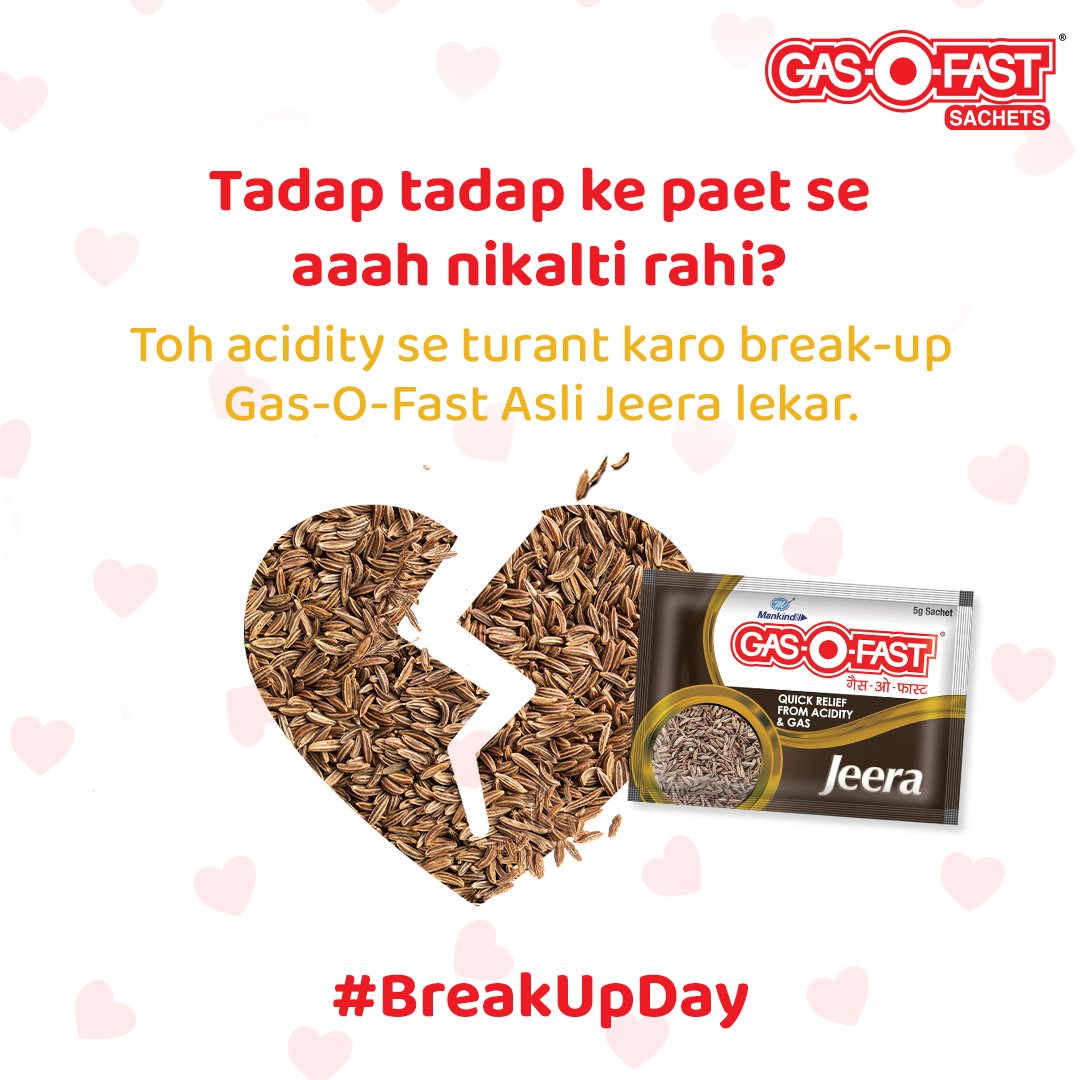 GasOFast's tweet photo. Acidity se freedom mubarak ho, janaab! Ab Gas-O-Fast Asli Jeera rakho apne saath har pal, aur khul ke khao apna favourite khana.
#IndiaKeAcidityKaAsliIndianSolution
#GasOFast #Acidity #Gas #Indigestion #Jeera #AsliJeera #AcidityRelief #BreakUpDay https://t.co/I3e4YV4HvD
