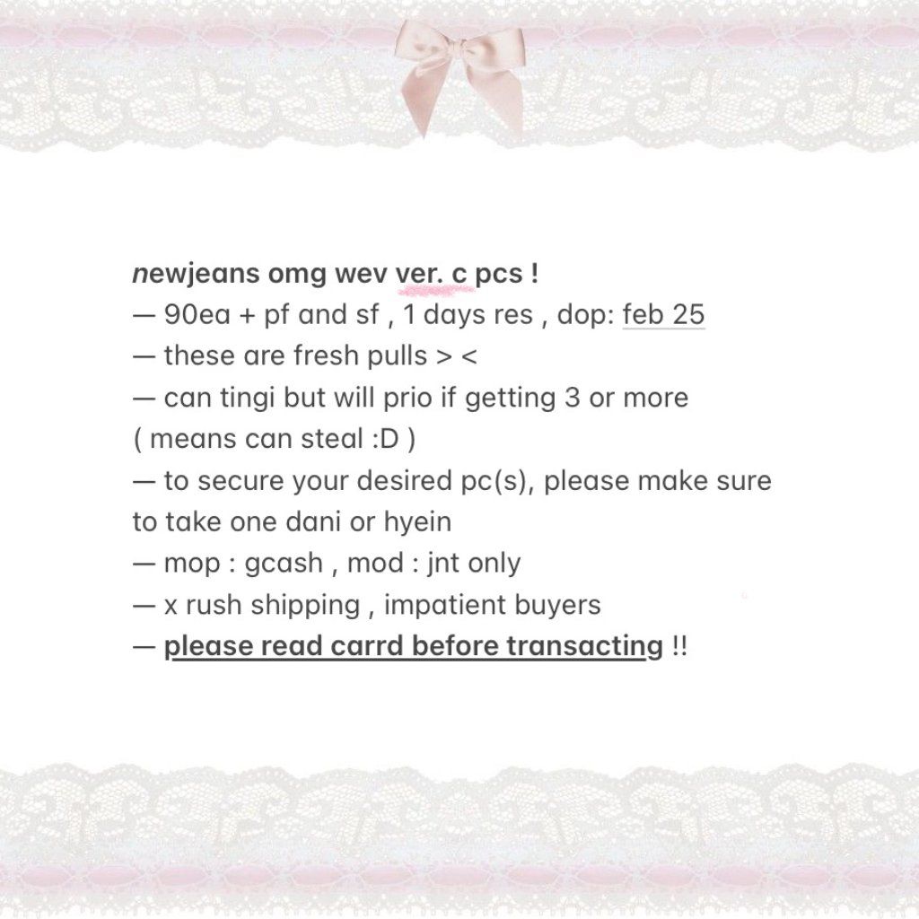 tteokeiz's tweet photo. ✿ ꒰ #tteokeizwts wts lfb ph ! 𓂋 ꒱

ఌ .. newjeans omg wev ver c ! 
🍙 send a dm or reply if claiming 
🎧 https://t.co/5bHCnkcDOf 

t. newjeans nwjns omg wev c ph hanni minji hyein danielle haerin diesel pink bg pigtails sunkiss minji peace https://t.co/eIJz5nD3z6