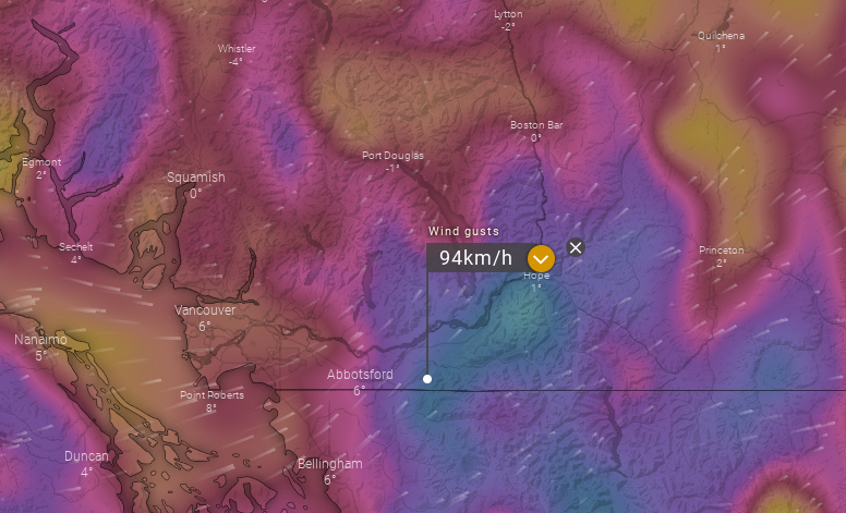 PeterVogel's tweet photo. Wind gusts in the 100 km/h range projected for parts of the Fraser Valley this evening. Power outages approaching 10,000 customers for the Lower Mainland as of 9:30 PM (mostly Coquitlam, Harrison Mills, Chilliwack, Hope). Maps: https://t.co/IXB0dijorH. #BCstorm @bc_news_addict https://t.co/pIPfZyUD2n
