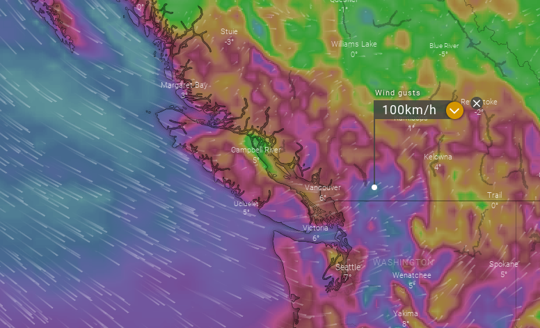 Wind gusts in the 100 km/h range projected for parts of the Fraser Valley this evening. Power outages approaching 10,000 customers for the Lower Mainland as of 9:30 PM (mostly Coquitlam, Harrison Mills, Chilliwack, Hope). Maps: Windy.tv. #BCstorm <a href="/bc_news_addict/">BCNewsAddict</a>