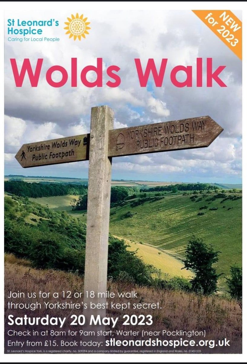 Here's your next challenge for the summer in aid of @SLHYork
the inaugural Wolds Walk on Saturday 20 May, following a 12 or 18 mile route, starting in Warter and finishing in Millington Dale, along the beautiful Yorkshire Wolds Way #woldsway #Hospice 
stleonardshospice.org.uk/how-can-you-he…