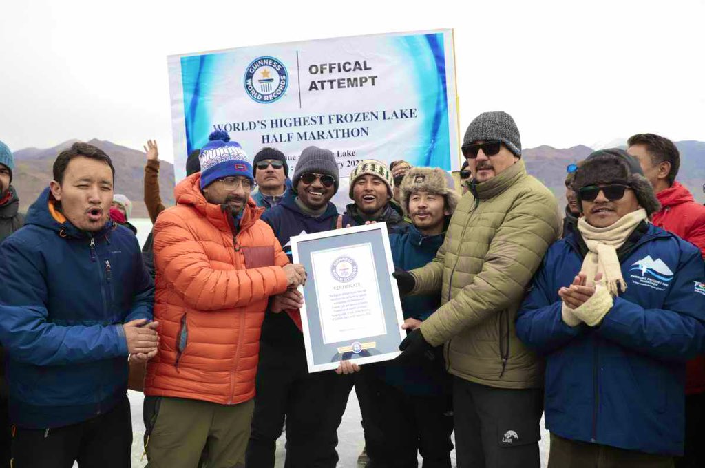 The Union Territory of Ladakh has created history by successfully conducting its maiden 21-km trail running event in sub-zero temperatures at Pangong Tso, which was registered in the Guinness World Record as the world’s highest frozen lake half marathon. <a href="/GWR/">Guinness World Records</a> 
#Ladakh #Pangong 
.
