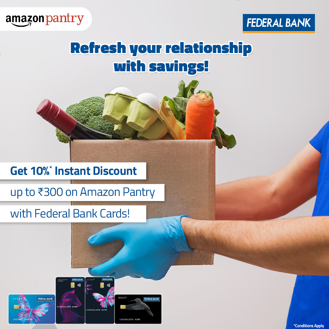 FederalBankLtd's tweet photo. 🛒Shop on Amazon pantry and get 10% discount on using your Federal Bank Cards.
📌https://t.co/ezrcXJTNLD
#PerfectBankingPartner #Rishta #AmazonPantry
#RishtaAapSeHaiSirfAppSeNahi #offers #Cards @amazonIN https://t.co/fMNATkhW74