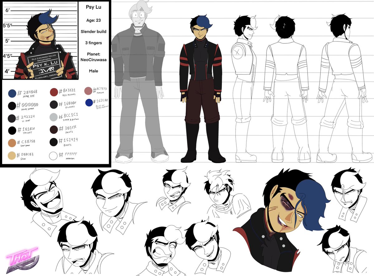 NDYP_THOT's tweet photo. This makes the second revamped character sheet done.
Here is Psy Lu! He’s a thieving bastard that tends to steal hearts.
#theheroesoftomorrow #thethots #ndypthot #psylu #charactersheet #behindthescenes #oc #originalcharacter #indie #indieanimation #ani #animation #webtoon https://t.co/1JHcQuUd5r