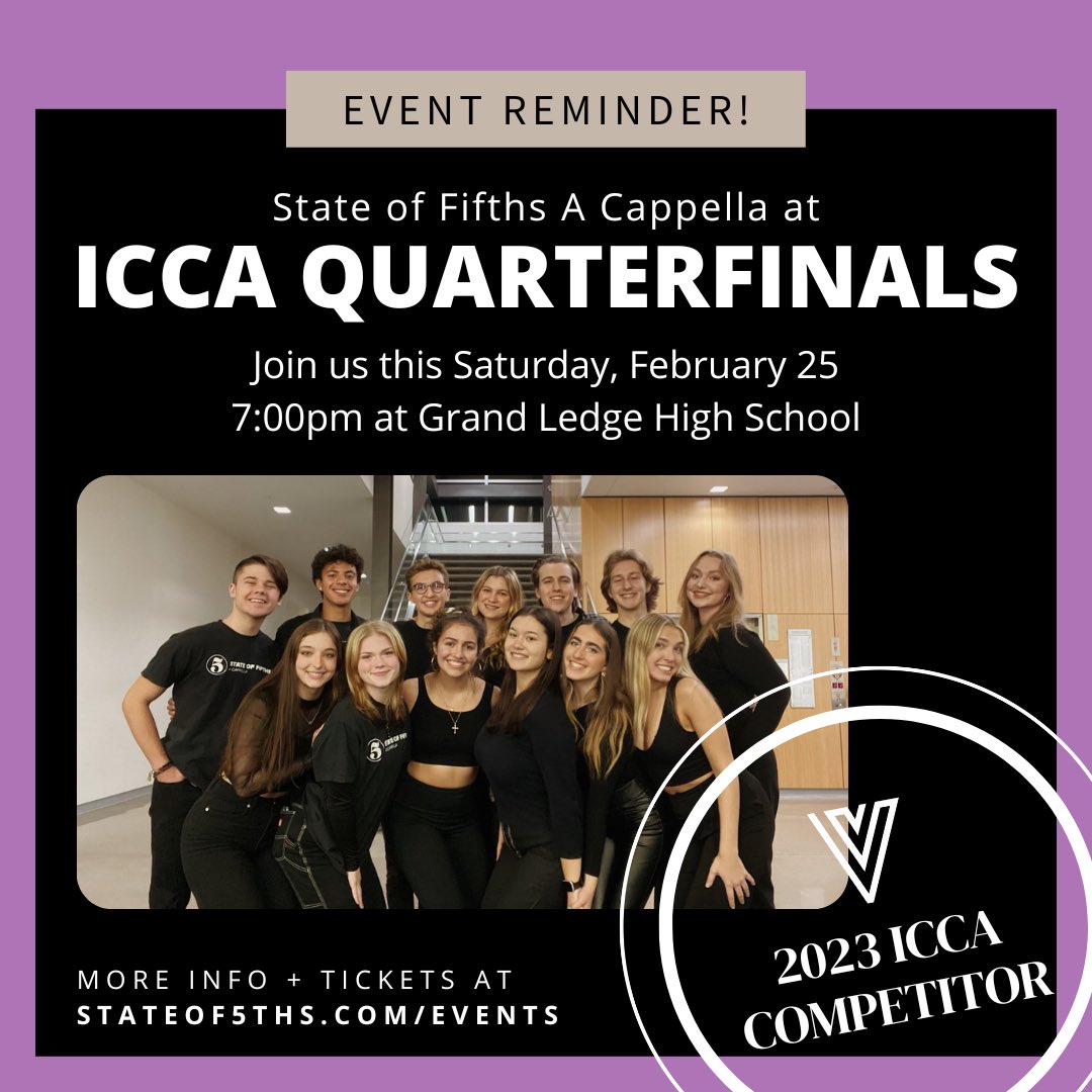 Our #ICCA Quarterfinal competition is this Saturday, 7pm at Grand Ledge High School! Visit stateof5ths.com/events to get your tickets! We’ve been working really hard on our set, and now more than ever we are reminded of the positive impact of making music together 💜