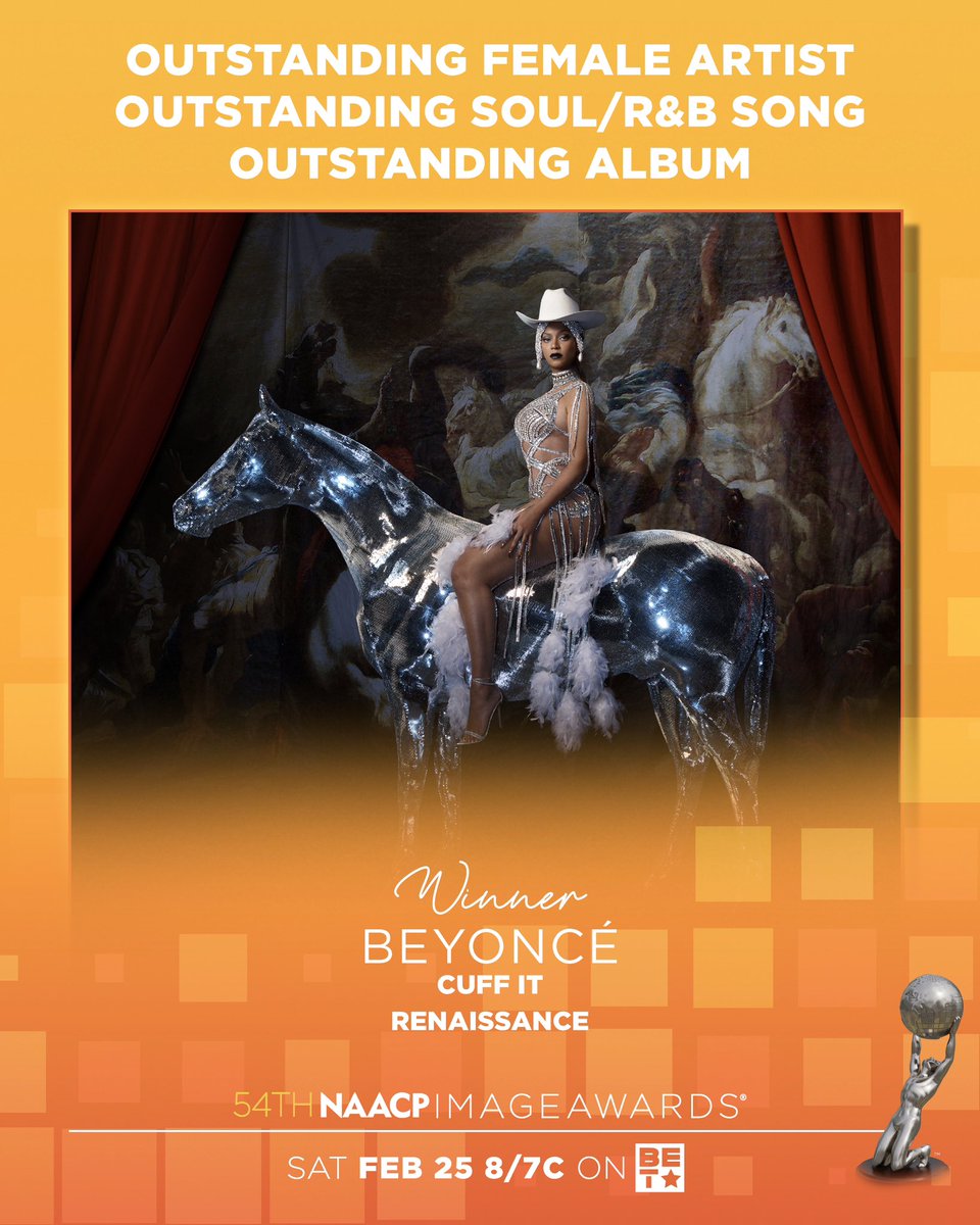 naacpimageaward's tweet image. Congratulations to @Beyonce on winning three 54th #NAACPImageAwards for Outstanding Female Artist, Outstanding Soul/R&amp;amp;b song for #Cuffit and Outstanding Album #Renaissance 🏆