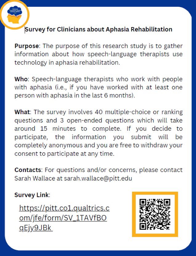 Speech pathologists, in what ways do you use technology when you work with people with #aphasia? We want to hear about it 👂 
40 multiple choice/ranking questions and 3 open ended - easy. 
pitt.co1.qualtrics.com/jfe/form/SV_1T…
