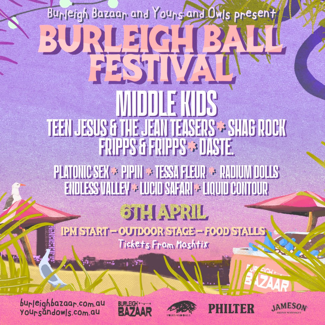 .@dasteband have just been announced for the Burleigh Ball Festival in April alongside a bunch of other local acts including @MiddleKidsMusic @TeenTeasers @shagrockmusic + a stack of others! 

Get your tickets here: moshtix.com.au/v2/event/burle…

(presented by @YoursandOwls)