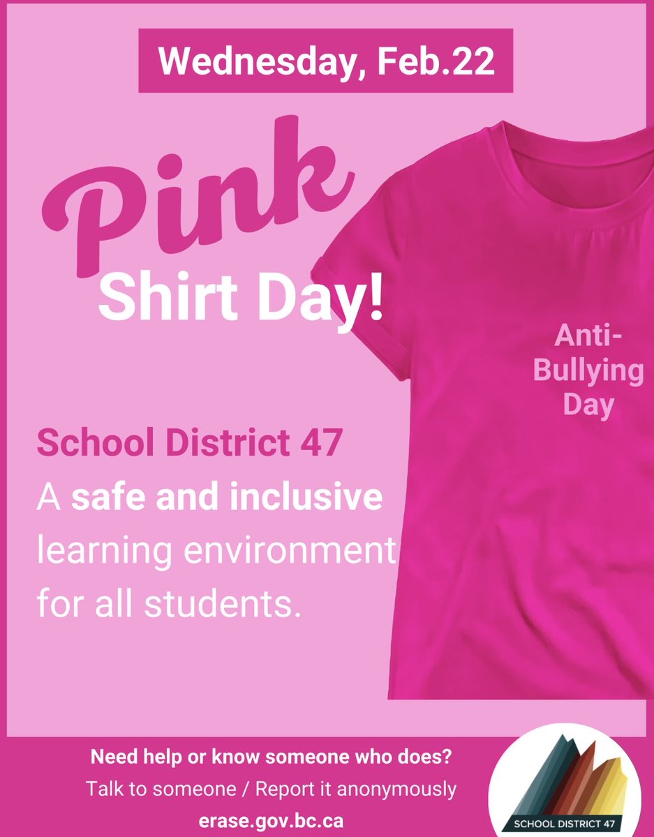 We are inviting students, staff and family members to wear pink on Wednesday Feb. 22nd. We have a number of activities planned throughout the week; including PAC supported Kindness Soup for the entire school on Wednesday! ⁦@sd47_board⁩