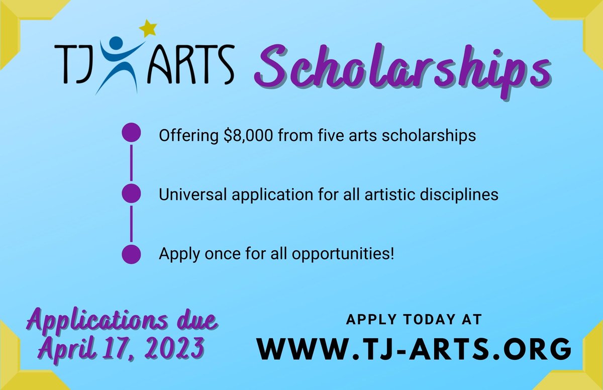 TJ_Arts09's tweet photo. Scholarships now available! TJ Arts is offering up to $8,000 this spring to graduating seniors studying the arts. Just one universal application - apply today! https://t.co/YbWN804ILJ @wjhsd @TJHSJaguars @TJHSCounselors @TJScholarships https://t.co/3CWCEIQExD