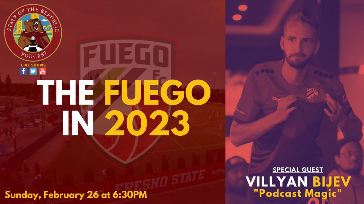 StateRepublic12's tweet photo. Yes, our LIVE SHOWS are back in 2023! And it could not be a show about all things @fuego_futbol 🔥 in 2023 without our favorite Fuego player, former Sac Republic, @villbijev! 🙌

📺 Live on fb, twitter, &amp; youtube at: https://t.co/aU6zl4K9vT 

#FuegoFC #Fresno #Soccer https://t.co/SA19JZxifU