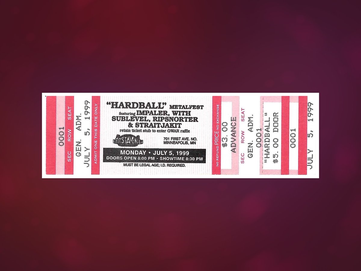 TwinkiePunk's tweet image. Hardball Metalfest featuring Impaler with Sublevel, Ripsnorter, and Straitjakit at First Avenue in Minneapolis, MN  07/05/1999.

@ripitup @FirstAvenue 

#Metalfest #Impaler #Sublevel #Ripsnorter #Straitjakit #FirstAvenue #Minneapolis #Minnesota #MusicMemories #ConcertTickets