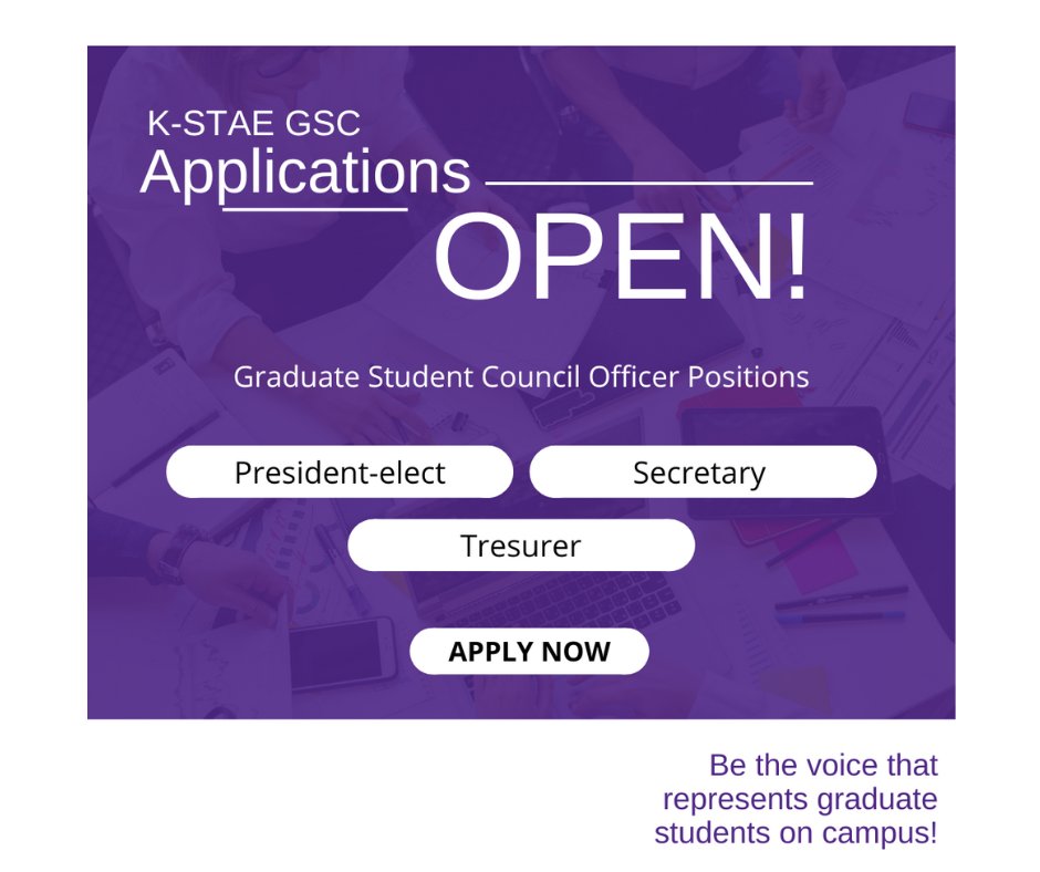 KStateGSC's tweet photo. Expand your impact! 🌟

Executive officer positions are now open for those looking to create a better experience for graduate students! 

Applications close Friday, March 3rd at 11:59 PM

Apply here: https://t.co/qU6cLzD3Ch https://t.co/Ek7ReML06i