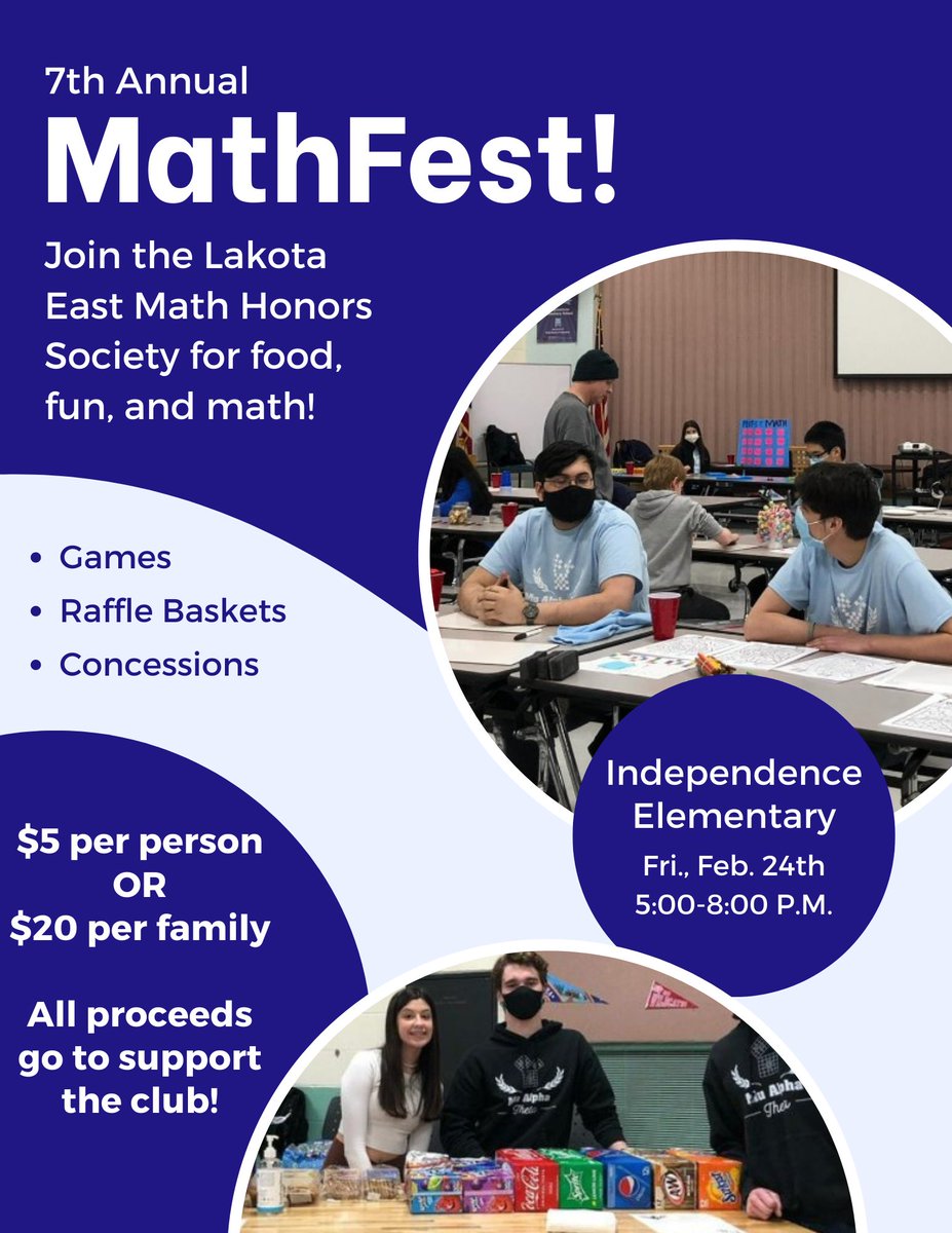 lehsmu's tweet photo. Come to Independence Elementary on Friday, February 24th for MathFest, presented by the Lakota East Mu Alpha Theta Math Honors Society! Intended for kindergarten and elementary-age students, MathFest aims to build an interest in math through games, food, and a fun time. https://t.co/uvhP6kDlXt