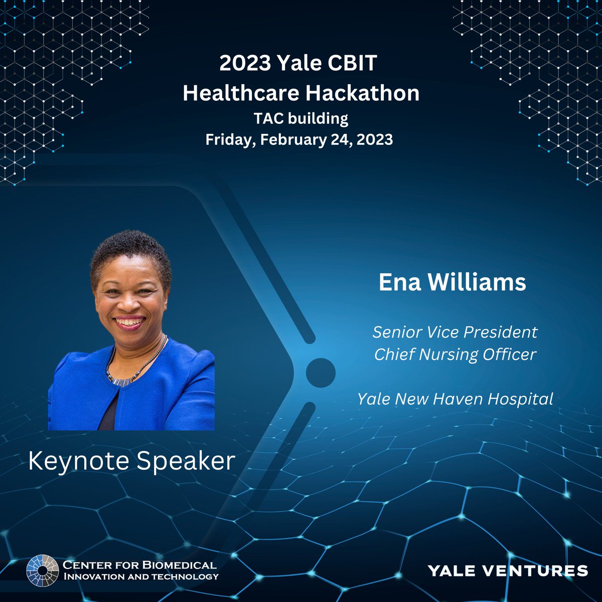 Join us this Friday night, for one of our #keynotespeakers, Ena Williams, in this years' Healthcare Hackathon!
Theme: Patient Engagement
Tracks: #Digital #Therapeutics, #Personalized #Therapy, #WomensHealth , #Patient #Monitoring 

Hosted by <a href="/YaleCBIT/">Yale CBIT</a> and Emcee <a href="/davidrosenthal/">David Rosenthal MD</a>!