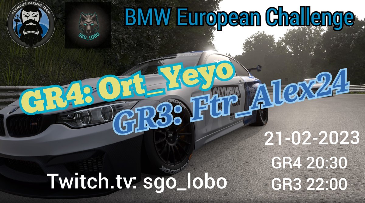 ⚡RACE DAY⚡

BMW European Challenge de <a href="/Tururu233/">LOBO23 THE GOAT</a>

Ponemos broche de oro a esta fiesta automovilistica en nada menos que el infierno verde Nurburgring N.

Y los encargados de desafiar este impresionante circuito son:

<a href="/YeYo_s86/">AXN_YeYo</a> con el GR4
#Ftr_Alex24 con el GR3

¡A divertirse!