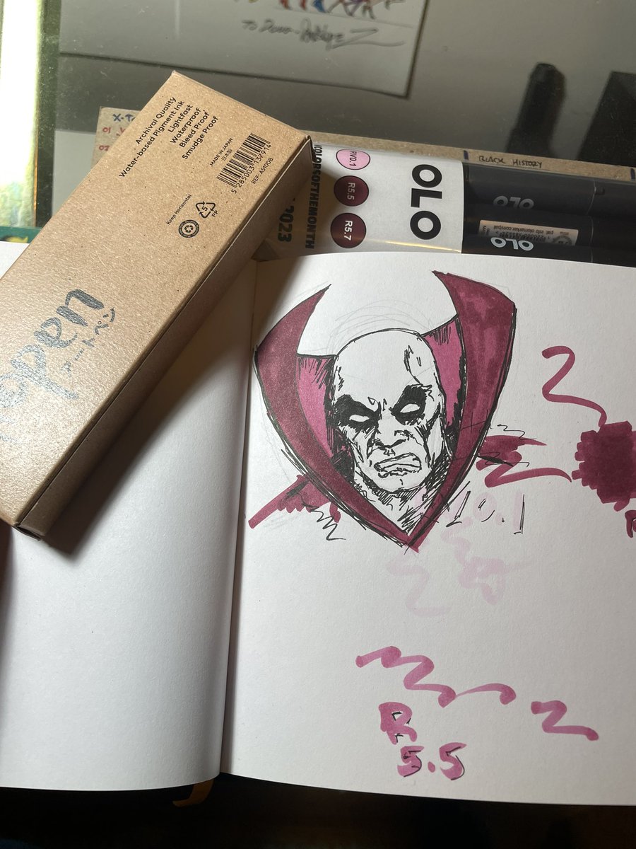DZawisza's tweet photo. Testing out the new (to me) Olo markers #ColorsOfTheMonth & @dingbats_ntbks Atopen.
Black pens, reddish markers…guess it’s Deadman!
#Deadman #BostonBrand https://t.co/56X3KNYQHk