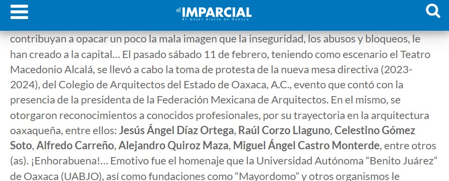a_caeo's tweet photo. #Destacamos 🛡 El Colegio de Arquitectos del Estado de Oaxaca A.C., agradece la mención de nuestra pasada toma de protesta en la "Columna Dominical El Calla'o" del diario El Imparcial de Oaxaca, pueden consultar la columna completa en el siguiente enlace.

https://t.co/FqK2saXq85 https://t.co/laavSdaEF3