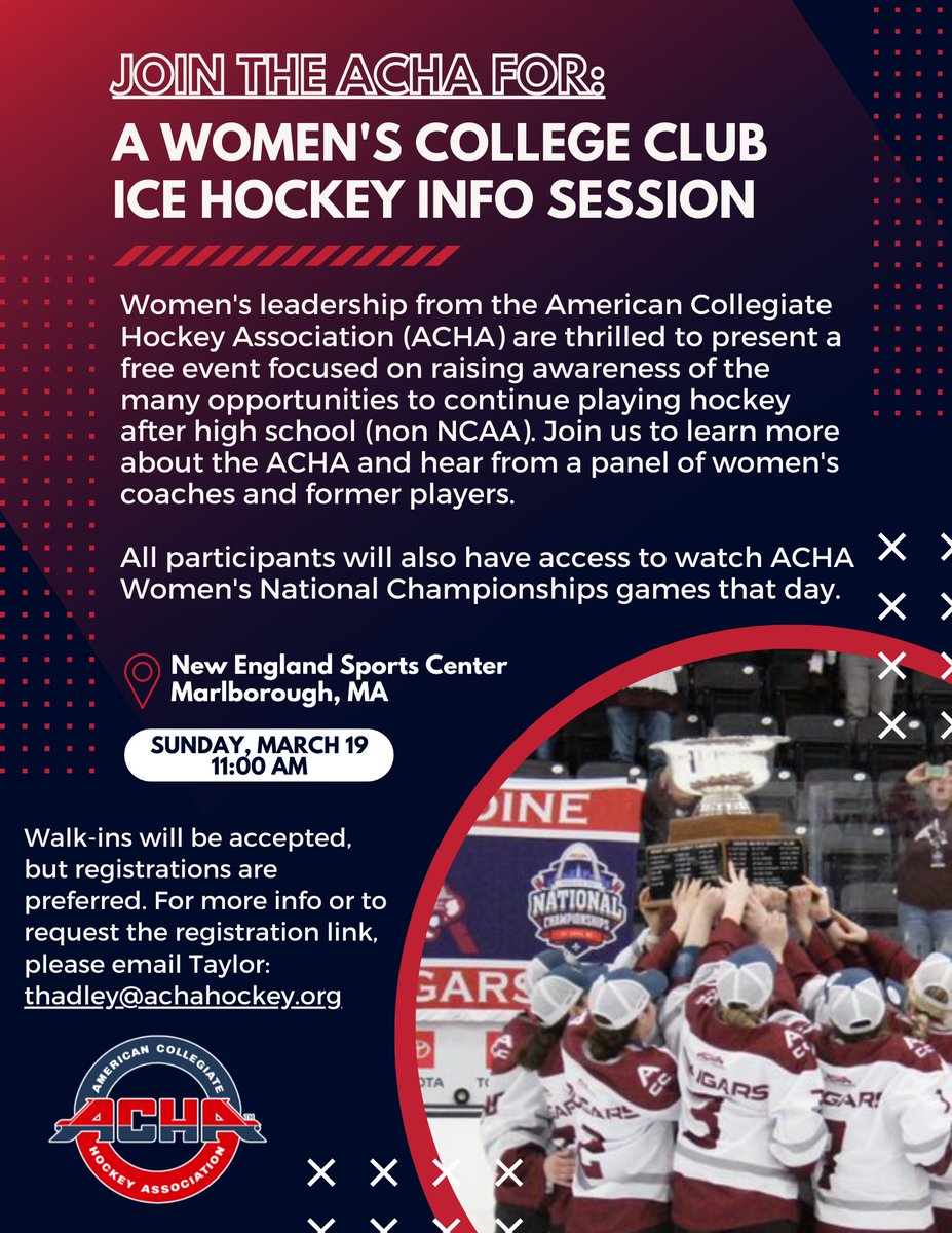📣Calling girls high school hockey players! During #ACHANationals2023 we are hosting a free, in-person event to provide more information about playing women's club ice hockey in college. Players can register at the link below. Please help spread the word! forms.gle/p6Yxik5YdEzAxq…
