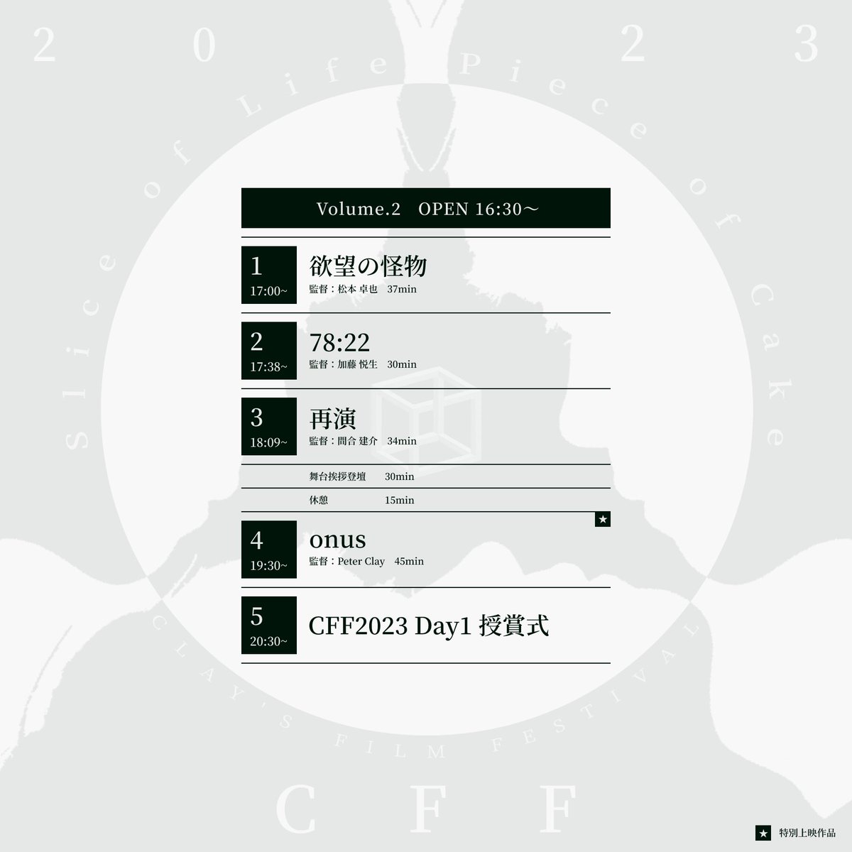 【#CFF2023 Day1 Volume.1完売】

わずか1日で完売
本当にありがとうございます！

ジャンルの異なる3作品を存分に堪能できるVolume.2のチケットはまだ残りございます🎟
監督作『onus』の特別上映、グランプリ作品発表の授賞式もございますので是非お越しください🥛

⤵︎⤵︎
peterclayfilm.wixsite.com/cff2023