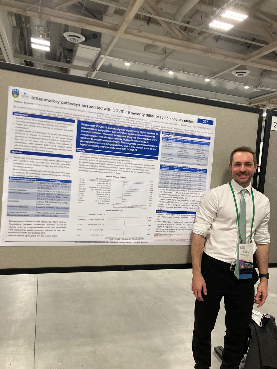 Delighted to present our study on inflammatory pathways in people with COVID-19 based on obesity status on behalf of the All Ireland Infectious Diseases Cohort. Special thanks to my amazing colleagues  @GraceMKenny @emdocHealth @colmobrien0 @HIVTox @eoinrua @CEPHR_UCD #CROI2023