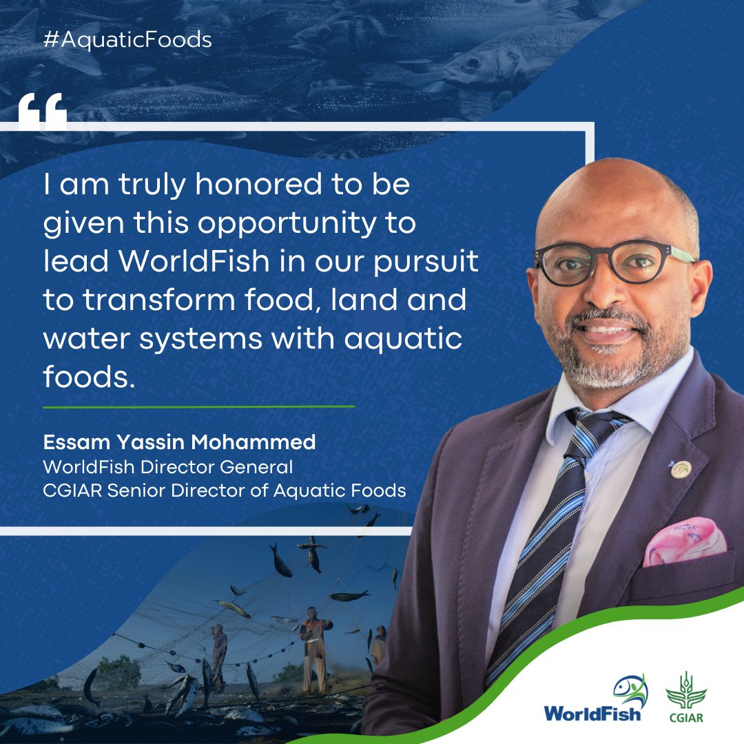 WorldFishCenter's tweet photo. 📣 Did you hear? @EYMohammed has formally assumed the roles of Director General &amp; @CGIAR Senior Director of #AquaticFoods after serving as interim for a year.

Prior to this, he was the Global Lead for Climate Resilience &amp; Environmental Sustainability. 👉https://t.co/0Oqq40cy7J https://t.co/Pxd864I7NO