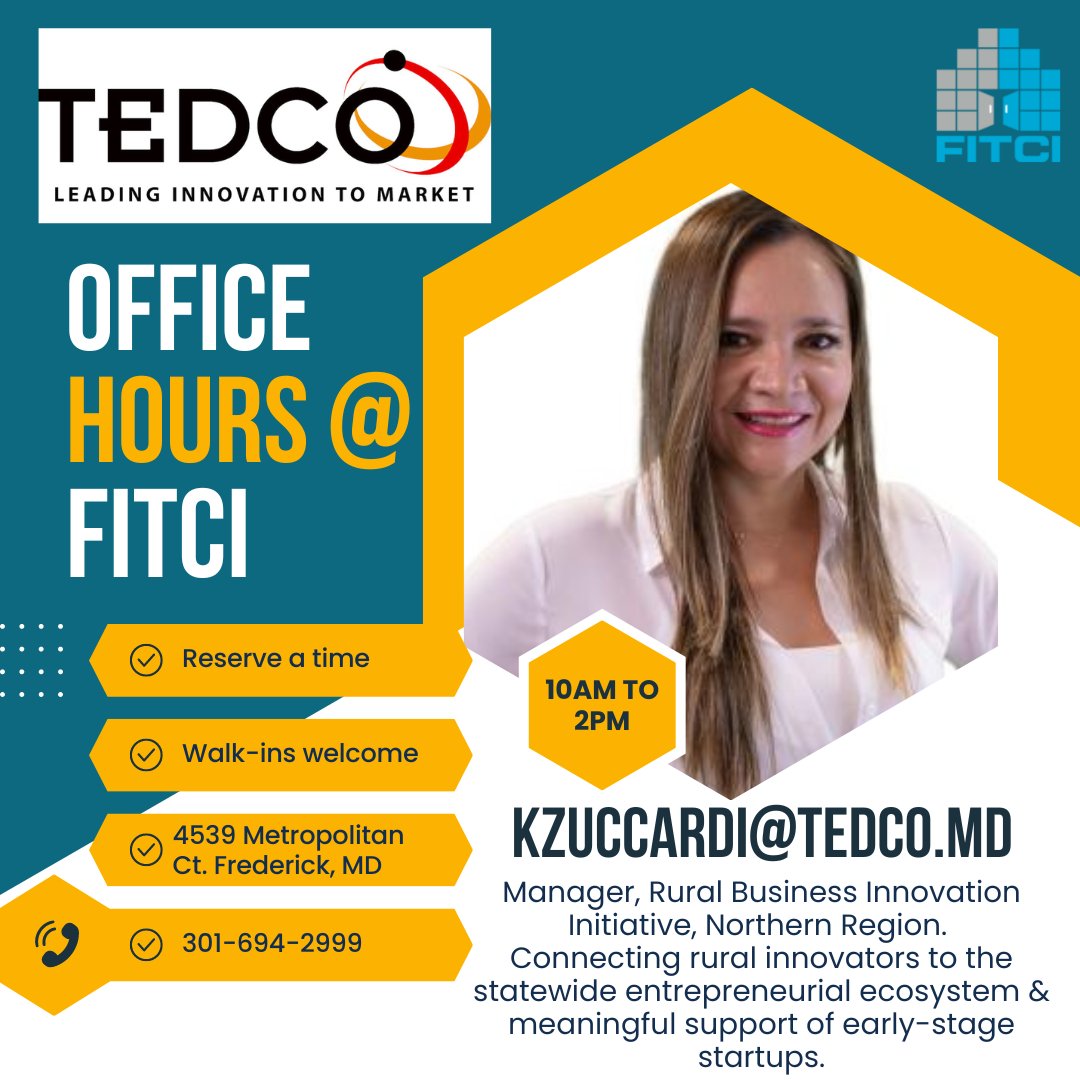 FITCInc's tweet photo. (Updated day & hours) Visit the Frederick Innovative Technology Center, Inc. on **Monday (2/27/23) from 10 am to 2 pm** to connect with statewide resources for #startups and small #businesses.
#FITCI @MDTEDCO
#RBII #RuralBusinessRocks https://t.co/74ywHfgPa6