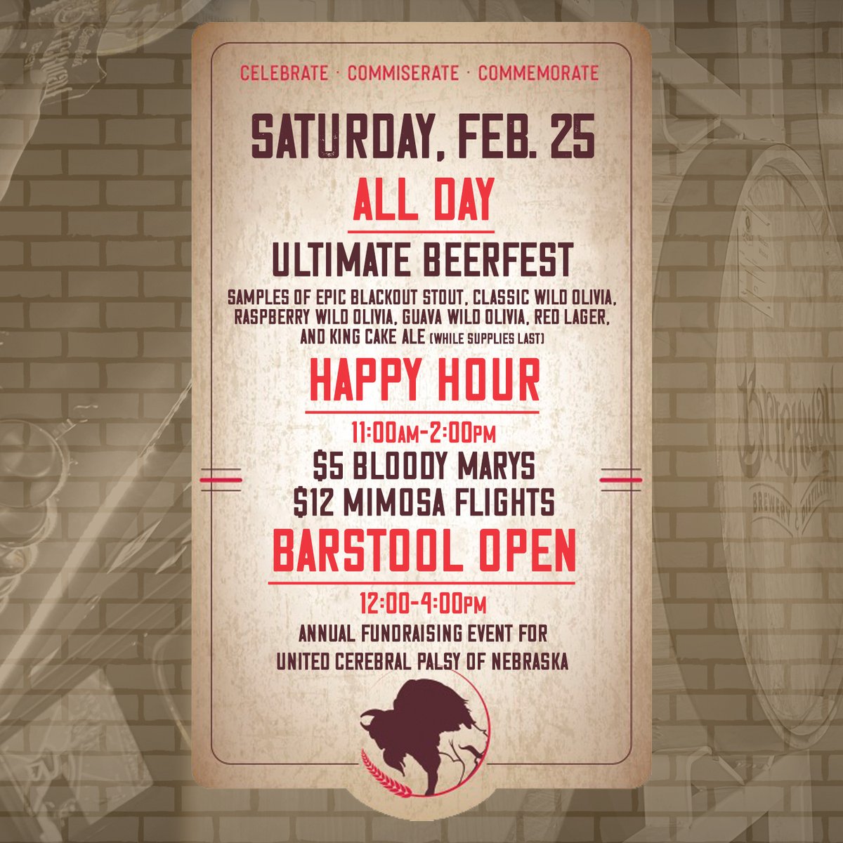 DrinkBrickway's tweet photo. 🍻 Beer flights
🍻 Wild Olivia Sour Ale on tap
🍻 $4 Festbier pours all day, every day
🍻 Last chance for Red Lager pours and packs
🍻 King Cake Ale on tap while supplies last
🍻 Build your own 6-pack
See you soon – cheers! #OmahaBeerWeek #OBW2023
#DrinkLocal | #DrinkBrickway https://t.co/NYHdVoDf54