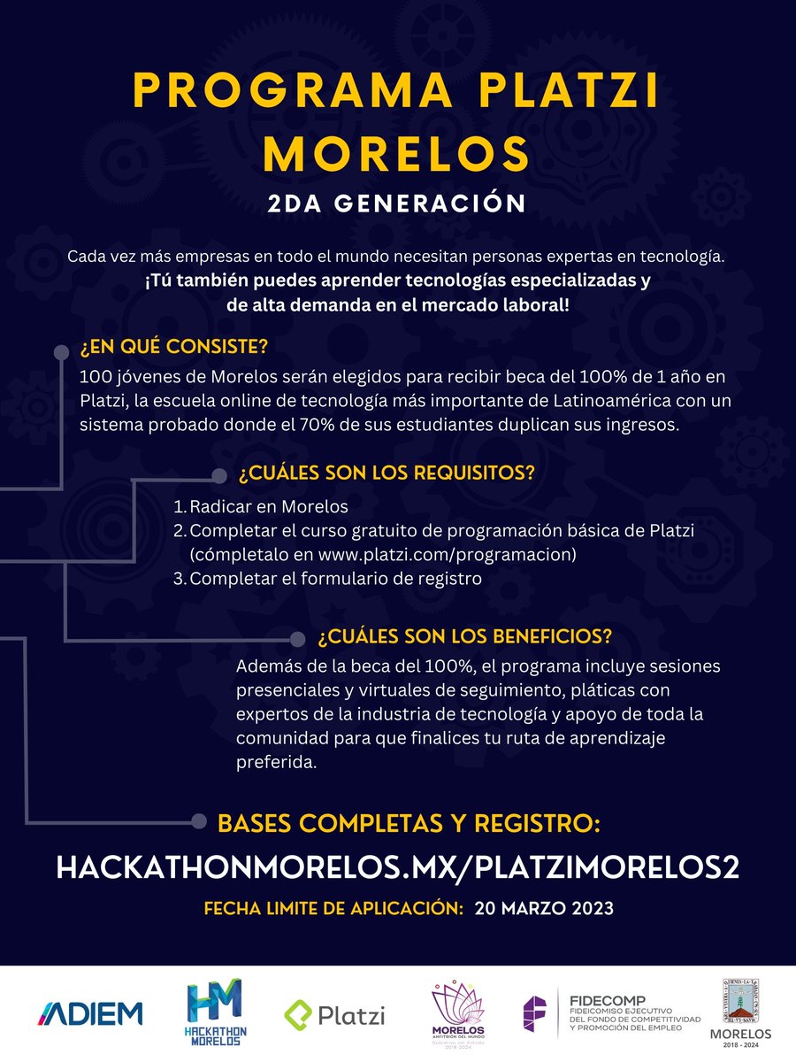 HackMorelos's tweet photo. ¿Quieres trabajar en la industria de tecnología?
Gana una beca del 100% para aprender durante 1 año una tecnología especializada para mejorar tu desarrollo profesional.

@platzi Morelos 2da Generación 👩🏻‍💻🧑🏽‍💻

Bases completas de la convocatoria y registro en https://t.co/mEyLwZpGa5 https://t.co/mkzm2QuwDI