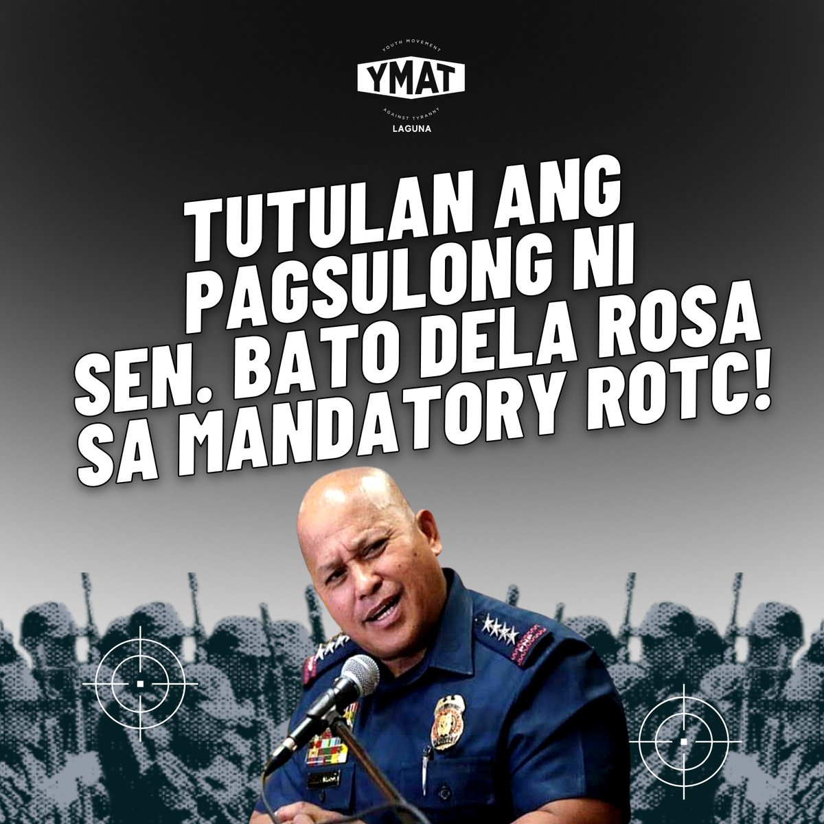 YMATLaguna's tweet photo. TUTULAN ANG PAGSULONG NI SEN. BATO DELA ROSA SA MANDATORY ROTC!

Kahapon, Pebrero 20, nang ginanap ang pangatlo at huling Senate hearing ng Mandatory ROTC bago pirmahan ni Marcos Jr. ang panukalang batas.

#NoToMandatoryROTC
#DefendAcademicFreedom
#NoToCampusMilitarization https://t.co/5LPVsxM9GB