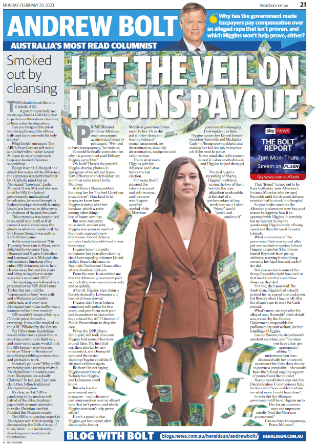 aaronsmith's tweet photo. The money paid to Brittany Higgins was compensation. The amount was agreed in mediation, and as a result, a court case was avoided.

It's absolutely none of Andrew Bolt's business.

Bolt didn't dedicate a page to Attorney General Christian Porter's secret trust. https://t.co/IMUqAUXKXW