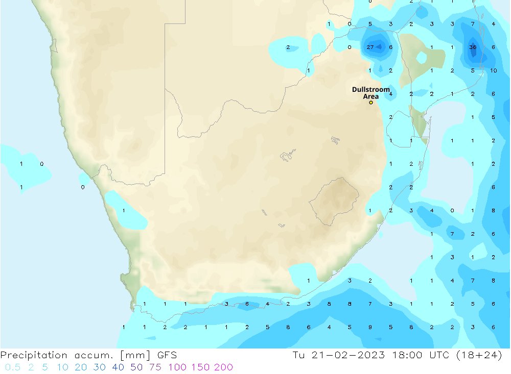 Dullsweather's tweet photo. Dullstroom 21/02: Current Global Forecast System (GFS) rainfall outlook for today. https://t.co/rgiiTYQg0n