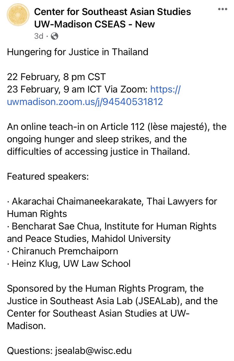 Hungering for Justice in Thailand Via Zoom: uwmadison.zoom.us/j/94540531812

Don’t miss this online teach-in on Article 112 (lèse majesté), the ongoing hunger and sleep strikes, and the difficulties of accessing justice in Thailand!
#whatshappeninginthailand #ตะวันแบม #สิทธิโชค