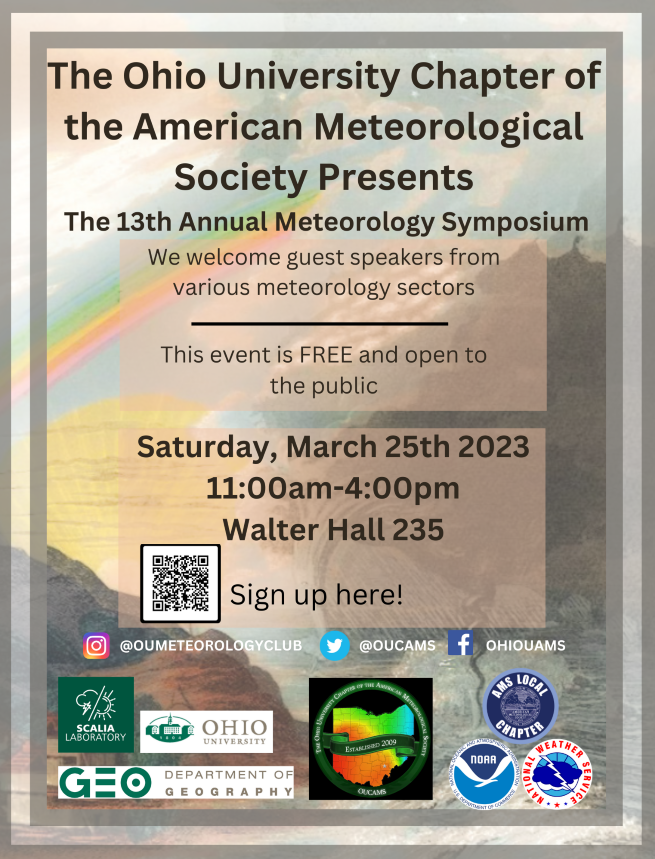 OUCAMS's tweet photo. OUCAMS is happy to announce that our 13th Annual Meteorology Symposium will be held on Saturday, March 25th from 11am-4pm in Walter Hall 235 at Ohio University! This event is FREE and lunch will be provided. Please sign up using the QR code below! https://t.co/2qBe6QfN8A