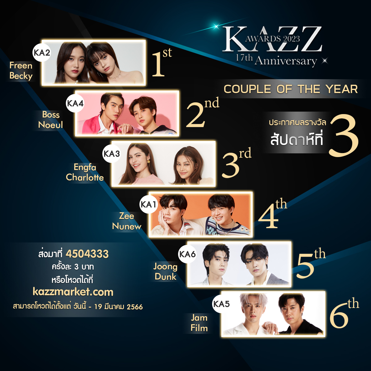 Kazzmagazine's tweet photo. ⚡️ ประกาศผลโหวตรอบสัปดาห์ ครั้งที่ 3 ⚡️
KA รางวัล Couple Of The Year 

พิมพ์ KA ตามด้วยหมายเลขดารา���ิลปินที่ท่านชื่นชอบ  ส่งมาที่ 4504333

หรือสามารถโหวตได้ที่  : https://t.co/nU5LbvJZtx

#KAZZAWARDS2023 https://t.co/KuSZHEDk3D