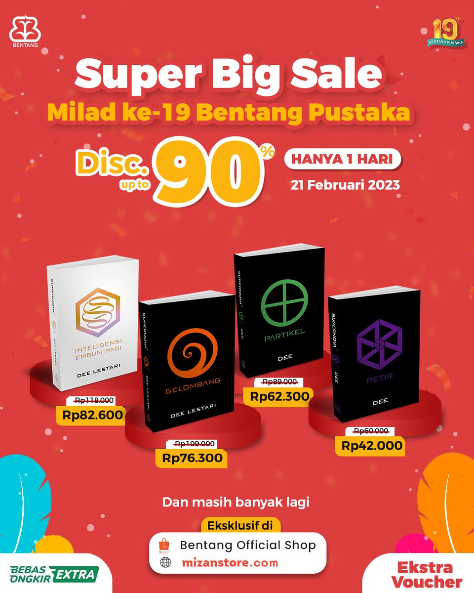 bentangpustaka's tweet photo. SUPER BIG SALE 🥳

Sahabat Bentang, jangan lewatkan Super Big Sale, spesial Milad ke-19 Bentang pustaka. https://t.co/9ROWOobb77