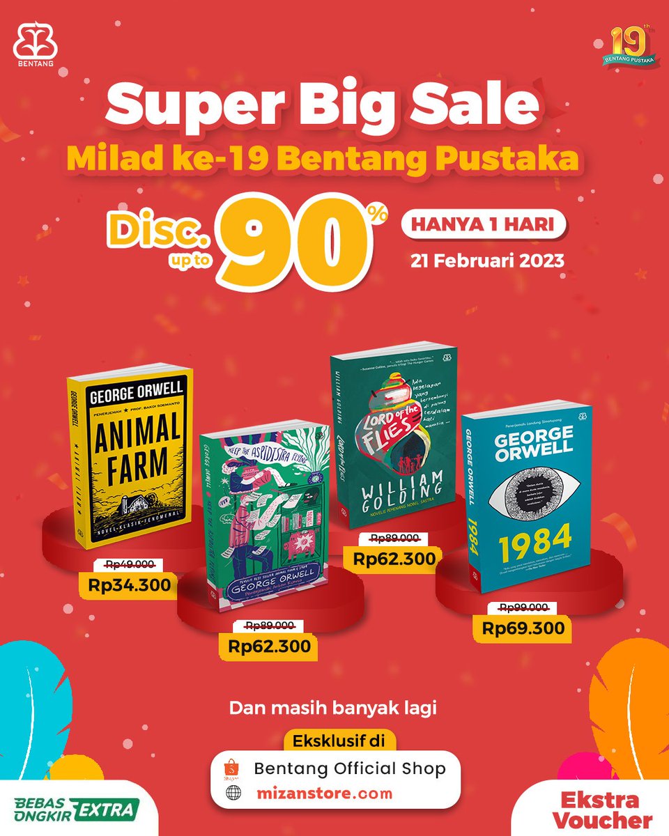 bentangpustaka's tweet photo. SUPER BIG SALE 🥳

Sahabat Bentang, jangan lewatkan Super Big Sale, spesial Milad ke-19 Bentang pustaka. https://t.co/9ROWOobb77