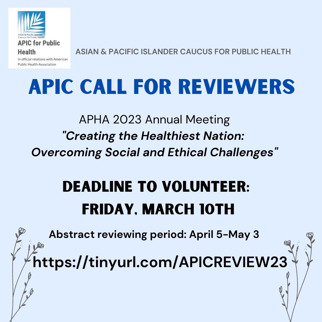 Volunteers Needed by Friday, March 10th! If you are interested in reviewing abstracts for APIC, please complete the Reviewer Submission Form: tinyurl.com/APICREVIEW23