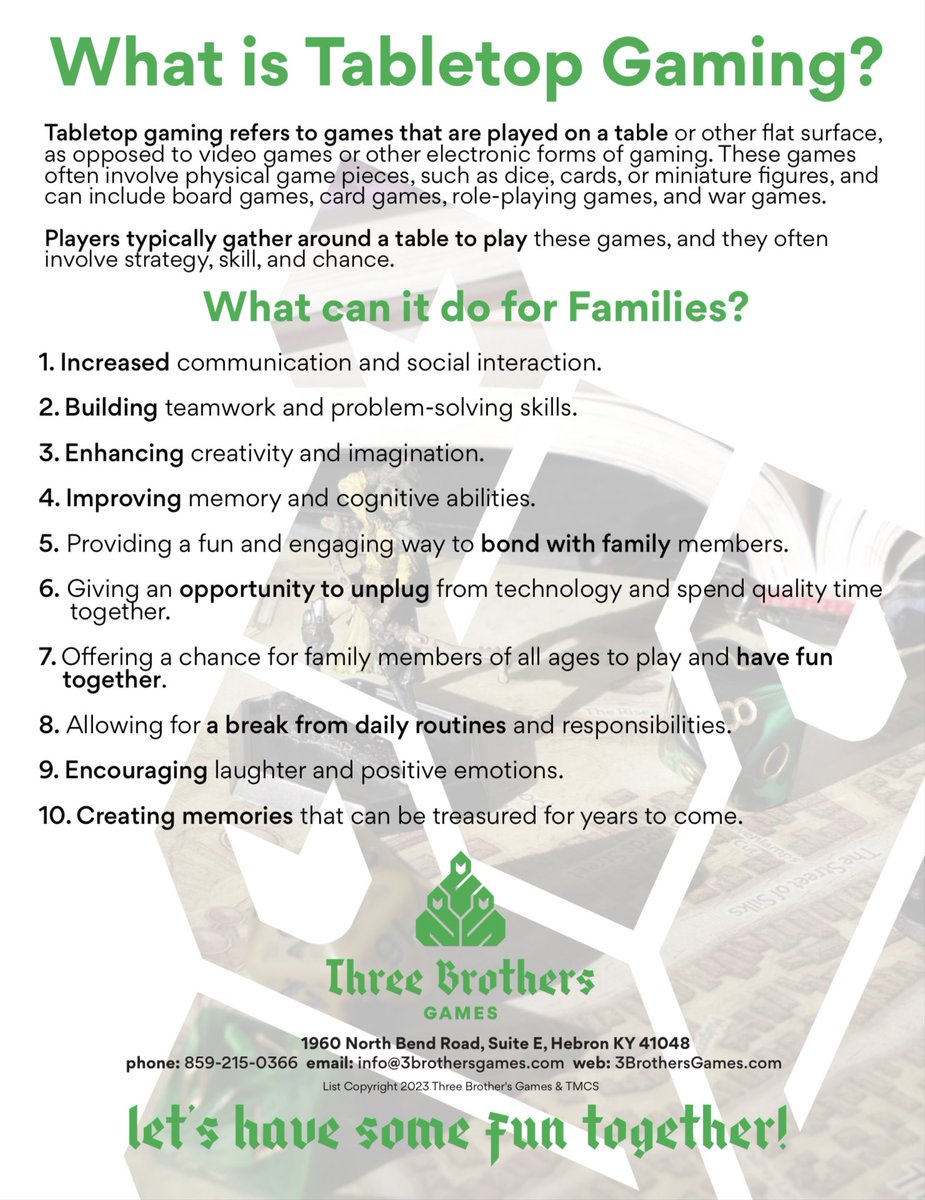 3BrothersGames's tweet photo. Having trouble explaining the benefits of your hobby to family and friends? 3BG has a new in-store handout. Show it to the skeptical or the curious, and perhaps they will join you in a game. Let's Have Some Fun Together!
#tabletopgaming #family #Hebron #Cincinnati #3BG https://t.co/4V1uAuipPR
