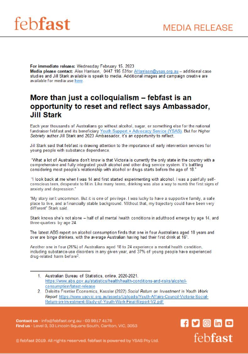 FebFastAus's tweet photo. MEDIA RELEASE: More than just a colloquialism – febfast is an opportunity to reset &amp; reflect says Higher Sobriety author, @jillastark.

Every febfast  thousands go without alcohol, sugar, or something else to funds for youth AOD service @YSASVic.

Donate: https://t.co/s0XEg0WNly https://t.co/Q45hlW6wek