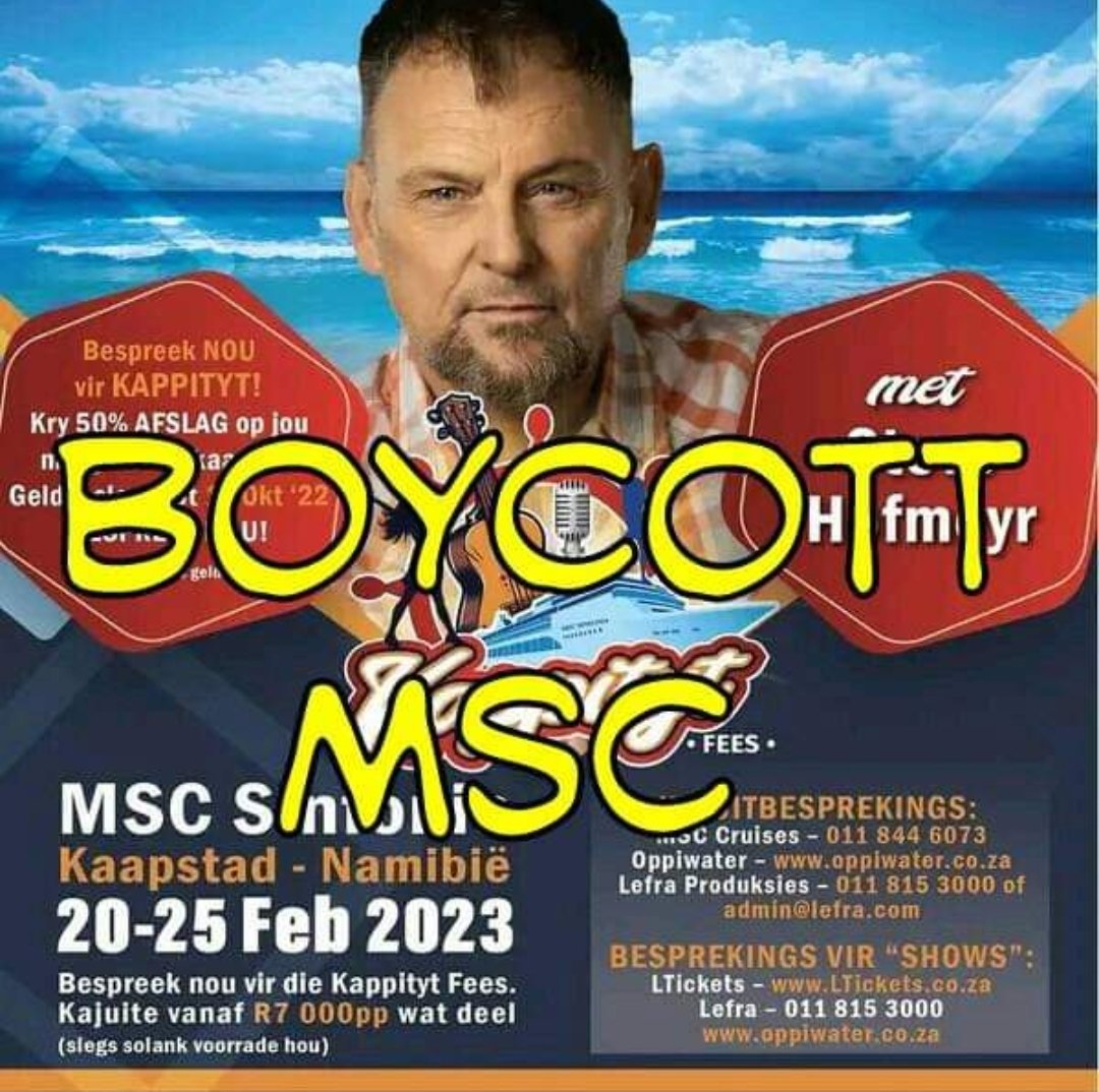 MWMD1964's tweet photo. Ons in ๐ฟ๐ฆ staan agter @steve_hofmeyr voluit!!! #NoToMSCCruises #BoycottMSC @MSCcruisesSA https://t.co/iv3l1ETPW4