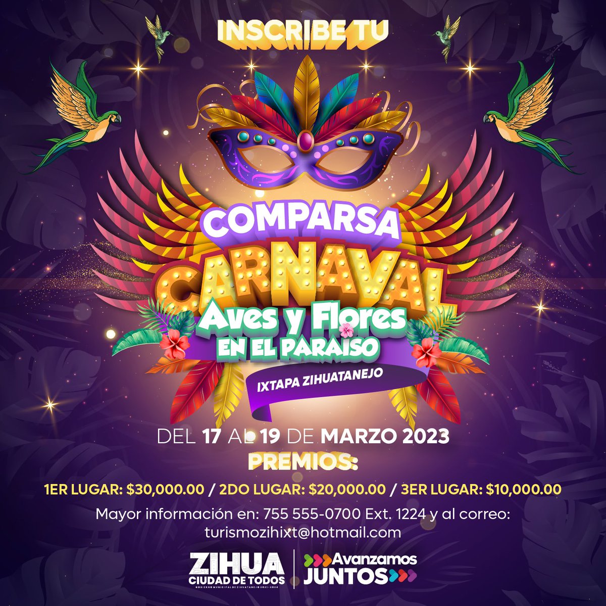 Gob_Zihuatanejo's tweet photo. ¡Este año el tan esperado Carnaval Ixtapa Zihuatanejo 2023 tiene grandes sorpresas! Zanka conviértete en la Reina del Carnaval, el Rey feo, la Comparsa más padre de todas o el Carro alegórico más impactante, jálate primo aquí te dejamos el link https://t.co/soQ2emIyUl https://t.co/vKo9dJ1SUg